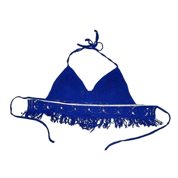 2/$20 Sans Souci‎ Blue Crochet Boho Hippie Cropped Fringe Halter Top sz Small - Picture 3 of 7